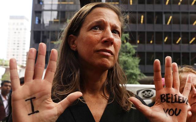 Dozens of protesters against the confirmation of Republican Supreme court nominee Judge Brett Kavanaugh gather outside of Democratic Senator Chuck Schumer\'s office on the afternoon that the nation is watching Professor Christine Blasey Ford testify against Kavanaugh on September 27, 2018, in New York. 