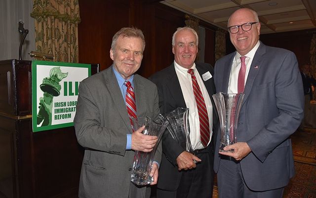 Niall O’Dowd, Connie O’Reilly and Congressman Joe Crowley at last week’s ILIR party.