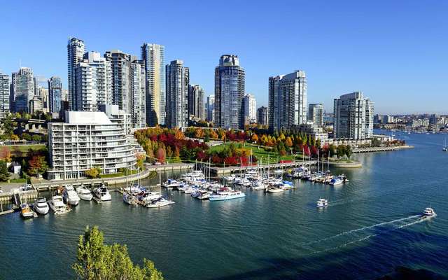 Autumn landscape of false creek in Vancouver downtown, BC, Canada. 