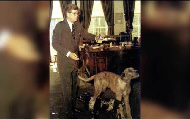 President John F. Kennedy in the Oval Office with two of his dogs.