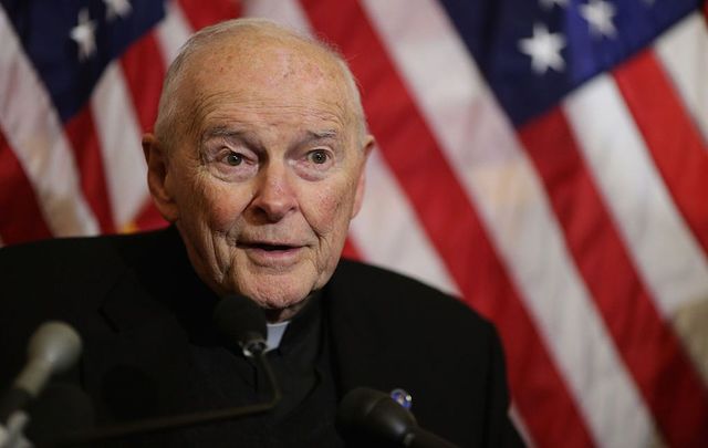Cardinal Theodore McCarrick, archbishop emeritus of Washington, speaks during a news conference with senators and national religious leaders to respond to attempts at vilifying refugees and to call on lawmakers to engage in policymaking and not \'fear-mongering\' at the U.S. Capitol December 8, 2015, in Washington, DC.