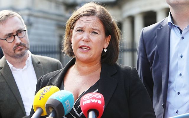 Sinn Fein leader Mary Lou McDonald speaking outside Leinster House, Ireland\'s government buildings in Dublin.