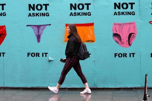 November 2018: A mural installed beside the Bernard Shaw in Dublin in support of the teenage victim whose underwear was discussed in a Cork rape trial. 