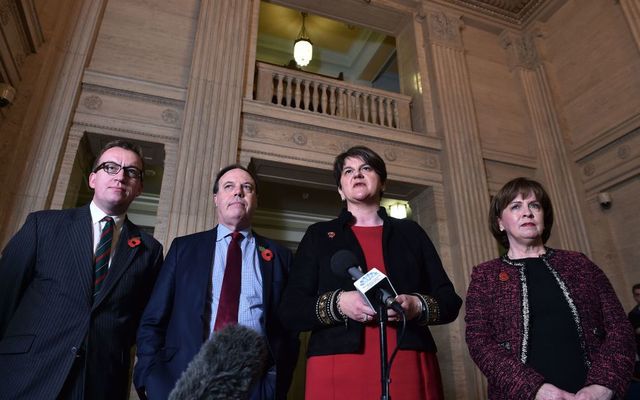 DUP leader Arlene Foster and deputy leader Nigel Dodds address the media at Stormont alongside party members Christopher Stalford and Diane Dodds following talks with the UK Brexit secretary Dominic Raab on November 2, 2018, in Belfast, Northern Ireland.
