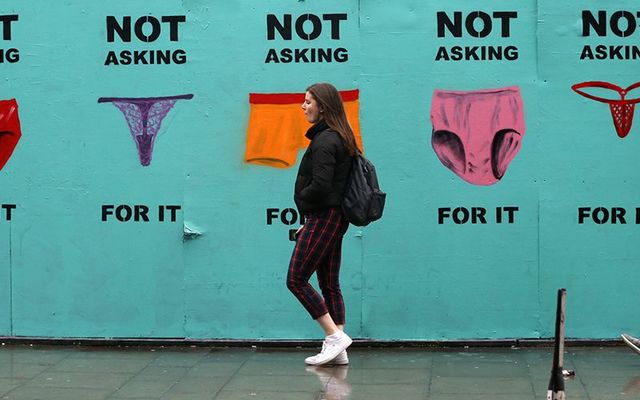 A mural in Dublin by graphic designer Emma Blake, also known as Estr, inspired by the Cork rape trial in which the victim\'s throng was used as evidence.