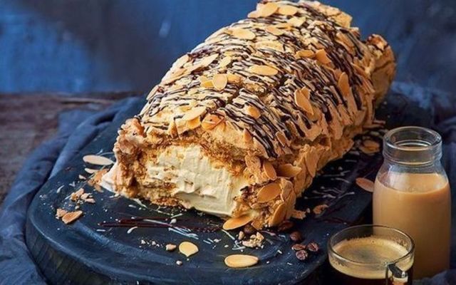 Baileys coffee meringue roulade with toasted almonds
