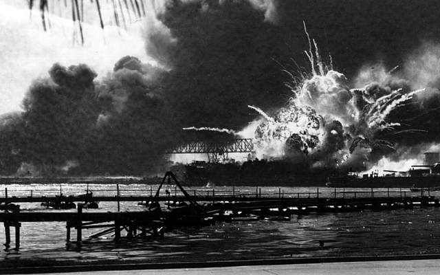 The USS Shaw explodes during the Japanese raid on Pearl Harbor December 7, 1941.