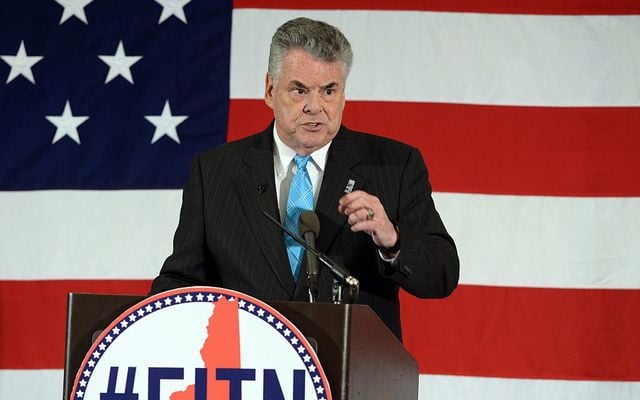 U.S. Rep. Peter King (R-NY) speaks at the First in the Nation Republican Leadership Summit April 17, 2015, in Nashua, New Hampshire. 