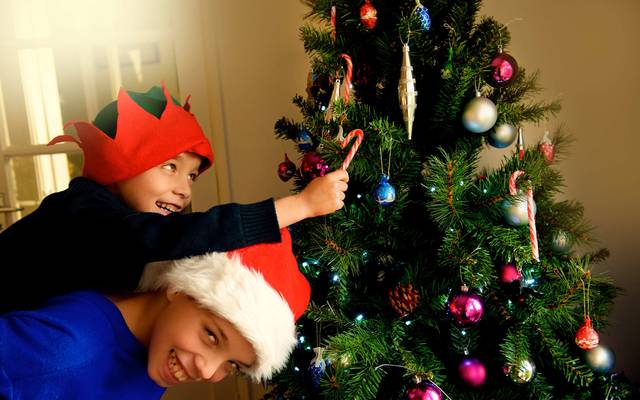 Two young brothers with red hat and Santa\'s helper hat make Christmas tree. \n