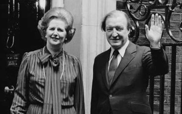 Margaret Thatcher and Charles Haughey on the steps of 10 Downing Street in 1980.