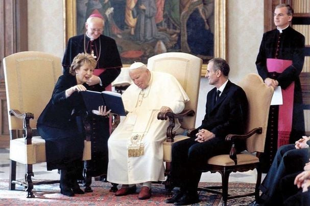 November 6, 2003: President Mary McAleese and husband Dr. Martin McAleese pictured meeting His Holiness Pope John Paul II at the Vatican during the president\'s three-day official visit to Rome. 