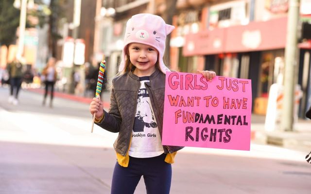 Marchers attend Women\'s March Los Angeles 2018 on January 20, 2018, in Los Angeles, California.