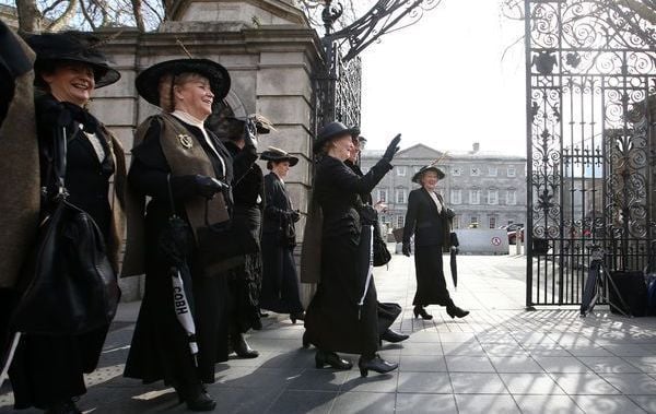 Pictured Cobh Animation Team (Bringing the women of Ireland\'s past to life) dressed as women during the 1916 period at Leinster House in Dublin for a visit. 