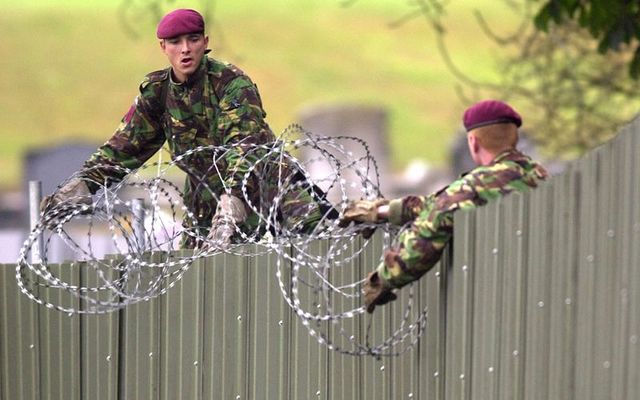 Soldiers, photographed in 1990s, protecting Northern Ireland\'s border wth the Republic of Ireland.