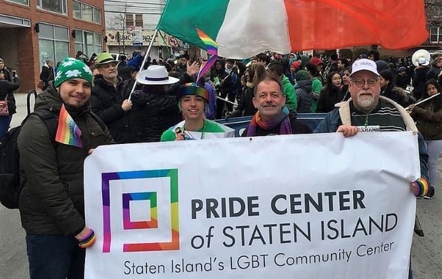 Members of the Pride Center of Staten Island march in the 2018 St. Pat\'s For All Parade.