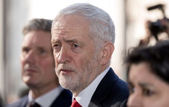 British Labour leader and Leader of the Opposition, Jeremy Corbyn (C) with the Shadow Secretary of State for Exiting the European Union Sir Keir Starmer KCB QC (L) and the Shadow Attorney General for England and Wales the Baroness Sharmishta Chakrabarti, CBE, PC (R). 