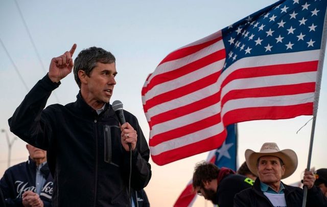 Former Texas Congressman Beto O\'Rourke speaks to a crowd of marchers during the anti-Trump \'March for Truth\' in El Paso, Texas, on February 11, 2019.