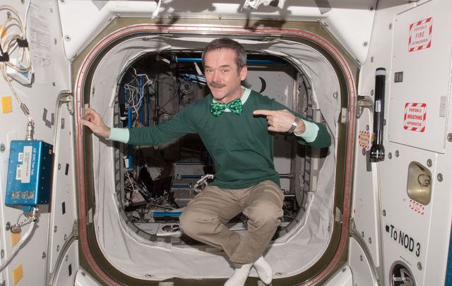 Astronaut Chris Hadfield celebrating St Patrick\'s Day on the International Space Station. 