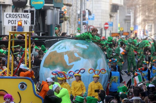 An image from the St. Patrick\'s Day parade in Dublin, in 2022.