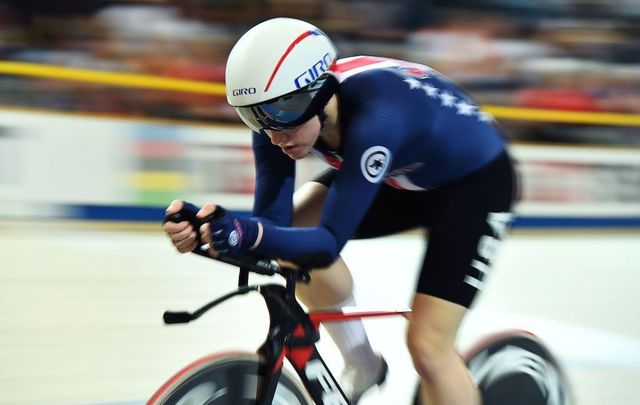 US Kelly Catlin competes in the women\'s individual pursuit bronze medal race during the UCI Track Cycling World Championships in Apeldoorn on March 3, 2018.