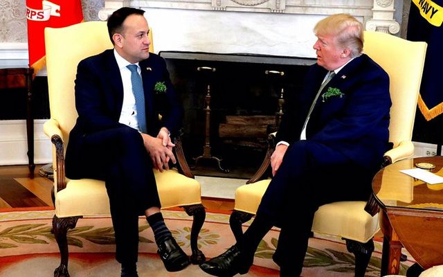 Ireland\'s Taoiseach (Irish leader) Leo Varadkar speaking with President Donald Trump, over St. Patrick\'s Day, in 2018.