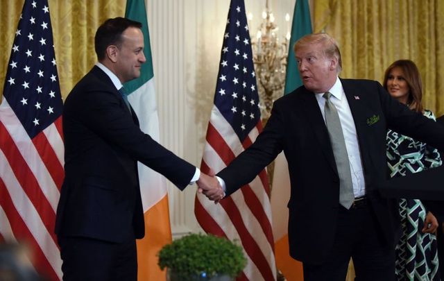 President Donald J. Trump shakes hands with Prime Minister Leo Varadkar of Ireland during the Shamrock Bowl Presentation at the White House on March 14, 2019, in Washington, D.C. 