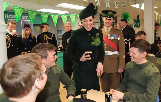 Catherine, The Duchess of Cambridge meets with Irish Guards after attending the St Patrick\'s Day parade at Cavalry Barracks on March 17, 2019, in Hounslow, England.
