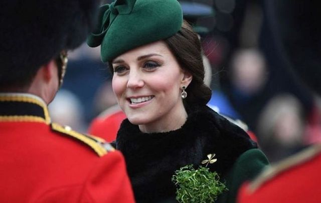 March 17, 2018: Catherine, Duchess of Cambridge attends and presents the 1st Battalion Irish Guardsmen with shamrocks during the annual Irish Guards St Patrick\'s Day Parade at Cavalry Barracks in Hounslow, England.