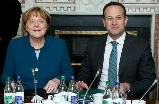 Taoiseach Leo Varadkar and German Chancellor Angela Merkel hold a round table discussion at Farmleigh House on April 4, 2019 in Dublin, Ireland. 
