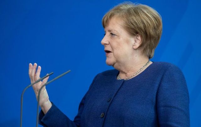 Federal Chancellor Angela Merkel holds a speech to welcome the German national handball team at Chancellery (Bundeskanzleramt) on April 08, 2019, in Berlin, Germany.