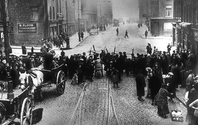 British police mount a roadblock to support a search in Dublin during the 1916 Easter Rising.\n