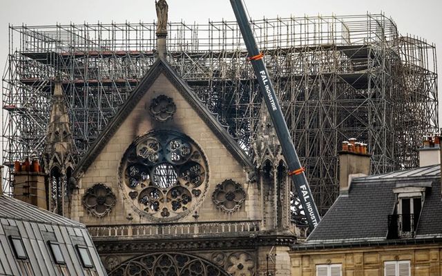 Notre Dame, Paris, after the fire which saw the roof and spire collapse.