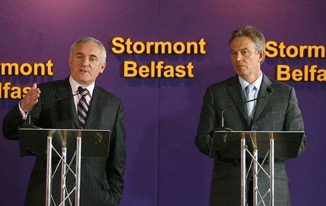 Bertie Ahern and Tony Blair speaking at Stormont during the Peace Process.