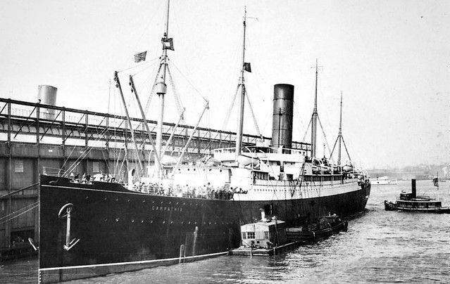 The RMS Carpathia docked at New York City in 1912 following the rescue of the survivors of the Titanic