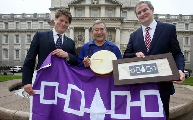 Minister of State for the Irish Language, the Gaeltacht and the Islands, Seán Kyne TD (right), Mohawk Grand Chief Joseph Tokwiro Norton, and James Kelly, CEO Ireland Canada University Foundation.
