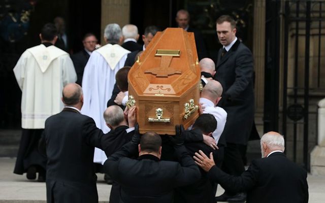 Lyra McKee\'s funeral being carried into St. Anne\'s cathedral, in Belfast.