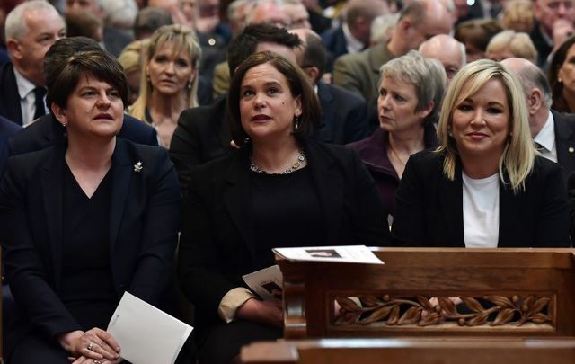Arlene Foster, Mary Lou McDonald, and Michelle O\'Neill at Lyra McKee\'s funeral on April 24 in Belfast