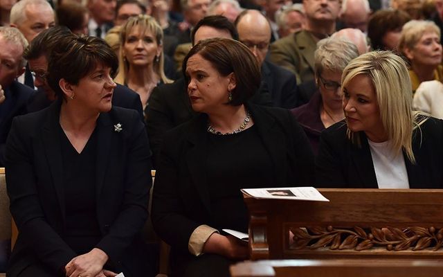 DUP leader Arlene Foster, and Sinn Fein leaders Mary Lou McDonald and Michelle O’Neill at Lyra McKee’s funeral.