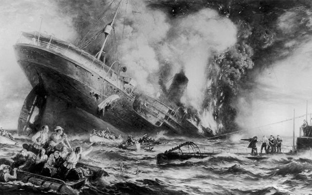 A painting illustrating the tragic sinking of the Lusitania, by a German U-Boat, when 1,201 people died.