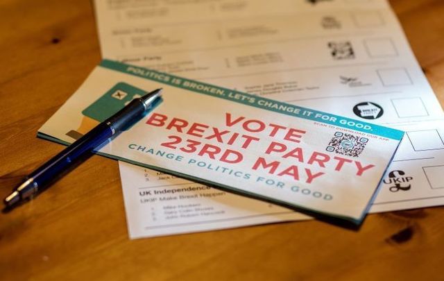 A political campaign leaflet for \'The Brexit Party\' for the European Parliament elections which are scheduled to take place in Britain on May 23rd.