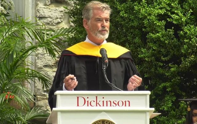 Pierce Brosnan giving the commencement speech at Penn University.