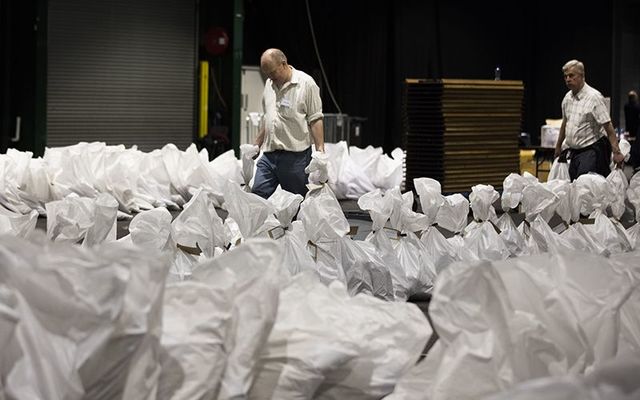 Staff coordinating bags of votes for the European elections at the RDS in Dublin on Saturday.