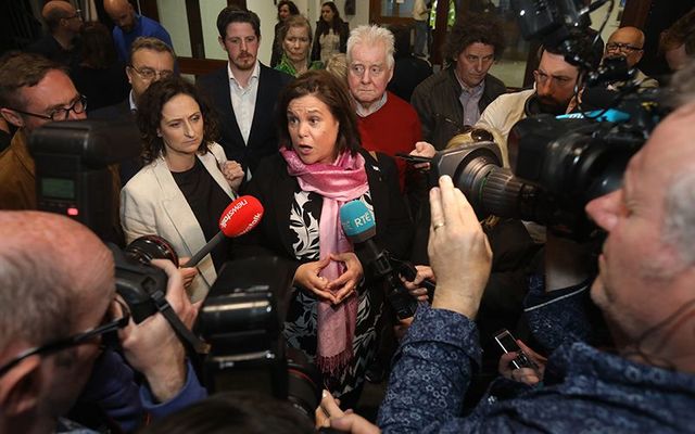 Sinn Fein European candidate Lynn Boylan and Sinn Fein President Mary Lou MacDonald speaking to the press at the RDS during the election count.