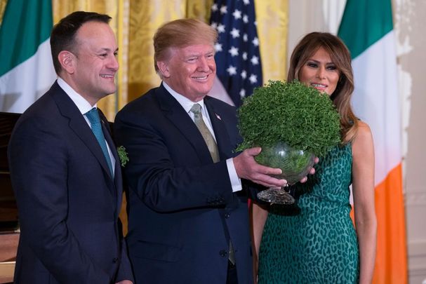 Irish Taoiseach Leo Varadkar presenting President Donald Trump with St Patrick\'s Day shamrock in the White House. 