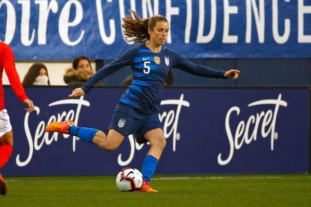 Kelley O\'Hara #5 of the USA plays in the 2019 SheBelieves Cup match between USA and England at Nissan Stadium on March 2, 2019, in Nashville, Tennessee.
