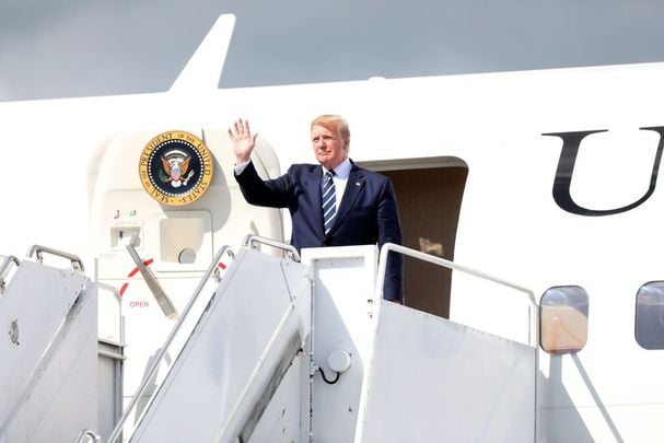 US President Donald Trump exits Air Force One alongside after arriving at Shannon Airport on June 5, 2019, in Shannon, Ireland. After visiting the UK for the D-Day 75th anniversary, US President Donald Trump will visit Ireland to meet with Taoiseach Leo Varadkar before traveling to the Trump International Golf Links resort in Doonbeg.