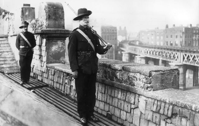 1914: Members of the Irish National Guard on duty on the roof of Liberty Hall, Dublin.