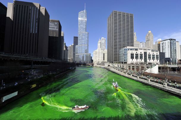 The Chicago River dyed green for St. Patrick\'s Day.