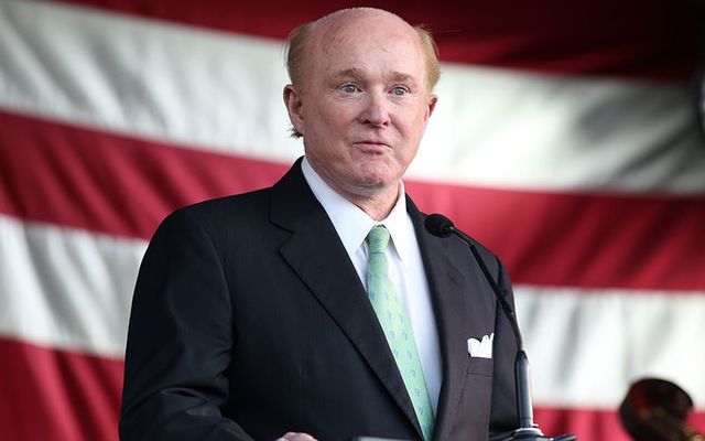 United States Ambassador to Ireland Edward Crawford addresses the crowds at his July 4th party, at his residence in the Phoenix Park, Dublin.