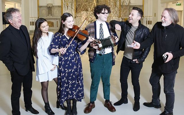 Launch of Fleadh Cheoil na hÉireann 2019, at Highlanes Gallery, Drogheda. Musicians (LtoR) Jim Lockhart from Horslips, Sibéal Ní Chasaide, Sárán Mulligan, Zoë Conway, Nathan Carter and Barry Devlin from Horslips.